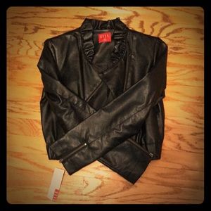 Women’s faux black leather jacket.